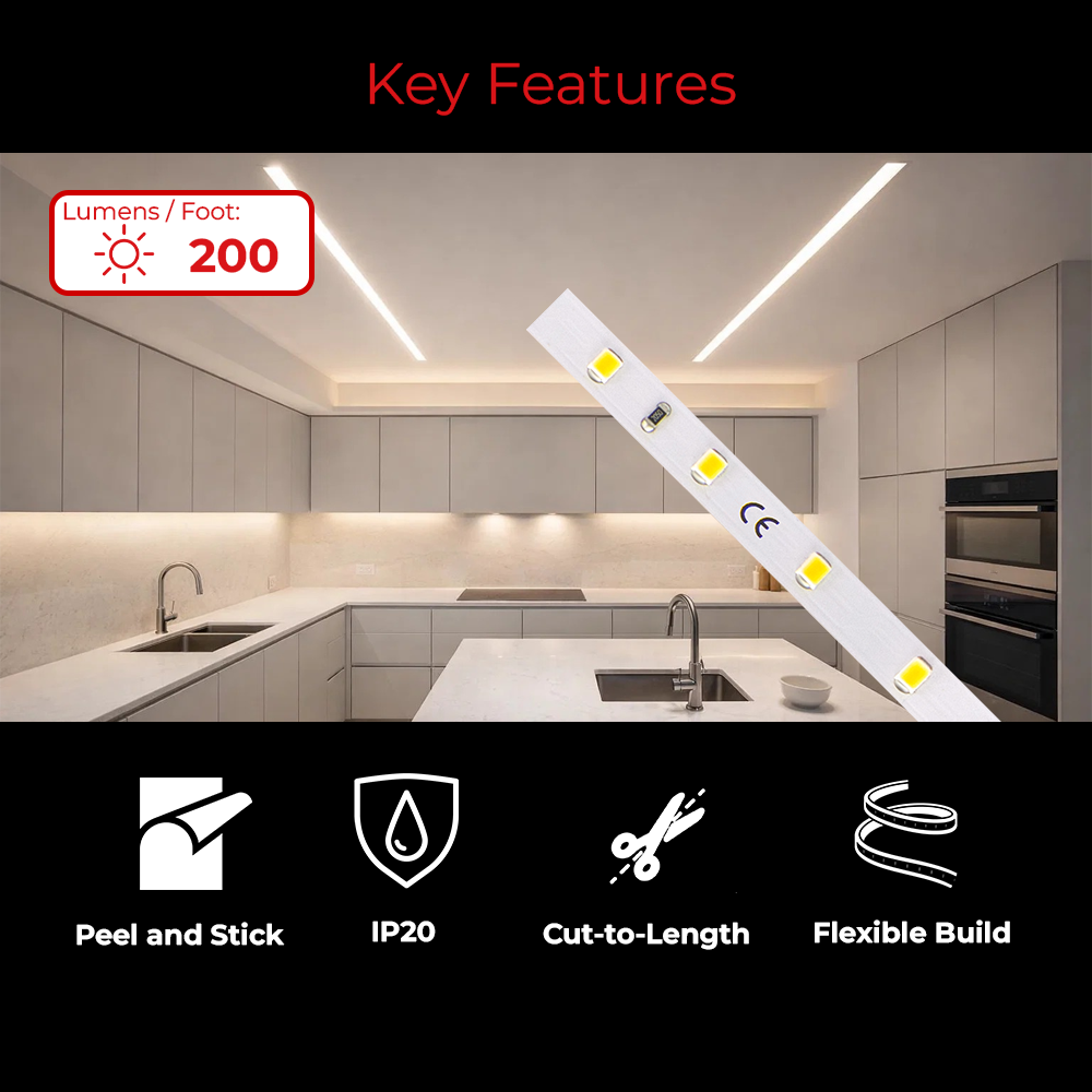 LEDClub 24V SMD Series 200 Low Brightness LED Strip Light with 200 lumens per foot, flexible cut-to-length design, peel-and-stick installation, and IP20 indoor rating.