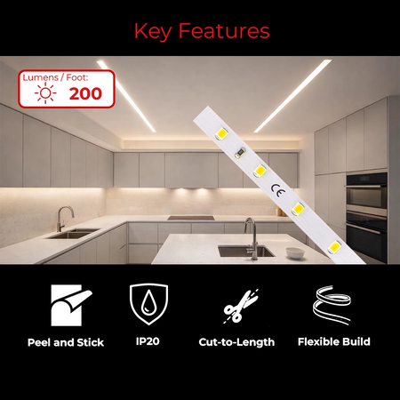 LEDClub 24V SMD Series 200 Low Brightness LED Strip Light with 200 lumens per foot, flexible cut-to-length design, peel-and-stick installation, and IP20 indoor rating.