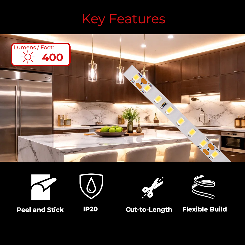 LEDClub 24V SMD Series 400 High Brightness LED Strip Light with 400 lumens per foot, flexible cut-to-length design, peel-and-stick installation, and IP20 indoor rating.