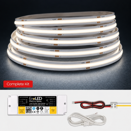 A stack of illuminated white LED flexible light strips shown above a complete kit layout including a white EneLED power supply, wiring leads, and a power cable on a light gray background.