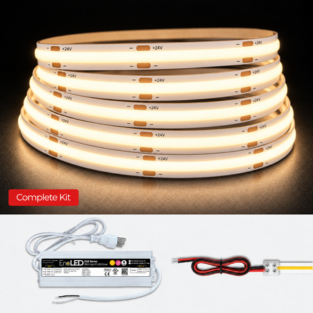 A coiled LED light strip shown illuminated on a dark background, with a red label reading 'Complete Kit' and a white product kit layout below showing an LED driver, cable, and connector leads.
