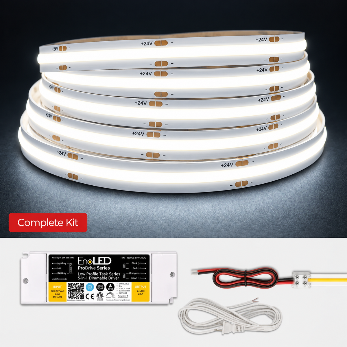 An EneLED 24V RGB LED strip light kit shown as a complete bundle, featuring a stack of illuminated white flexible LED strips, a white power supply module with a black and yellow label, a yellow wire, and a white power cable on a dark gray background.