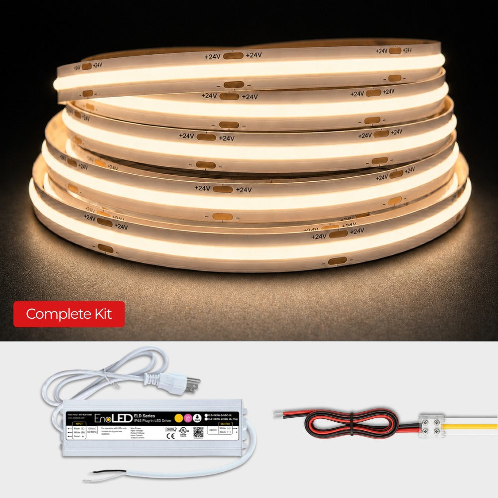 LEDClub Mars COB LED strip kit with plug-in LED driver, dotless COB LED strip, and strip-to-wire connector for seamless LED lighting installations