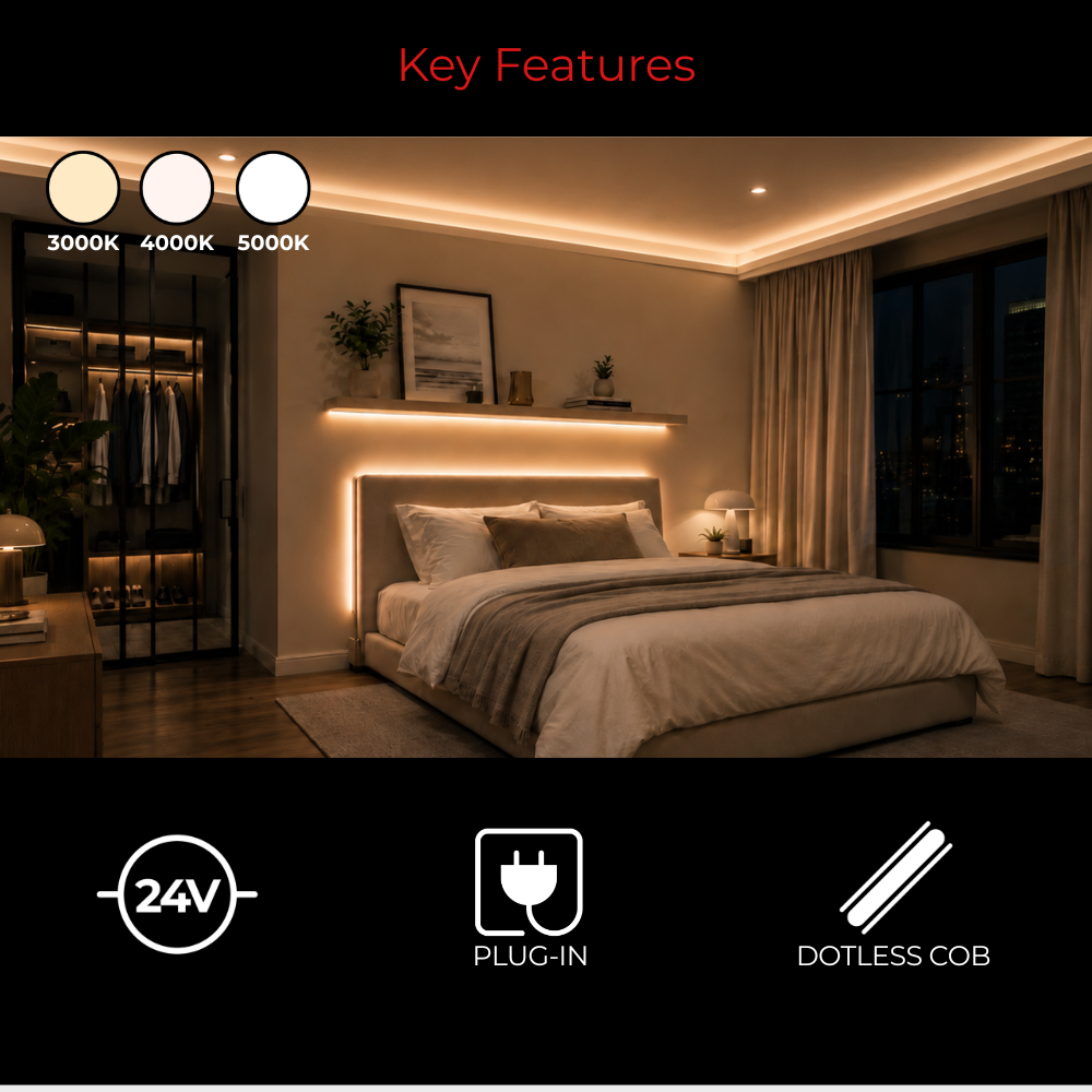 LEDClub Mars COB LED strip kit featuring dotless COB illumination, plug-in power supply, 24V operation, and selectable 3000K, 4000K, and 5000K color temperatures in a bedroom lighting application