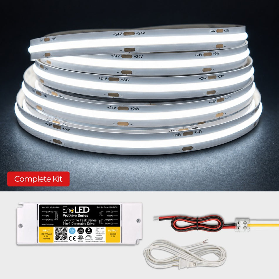 LEDClub Mars dimmable COB LED strip kit with ProDrive dimmable LED driver, dotless COB LED strip, power cord, and strip-to-wire connector for seamless lighting installations