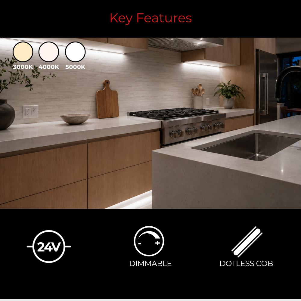LEDClub Mars dimmable COB LED strip kit featuring dotless COB illumination, 24V operation, smooth dimming performance, and selectable 3000K, 4000K, and 5000K color temperatures in a kitchen lighting application