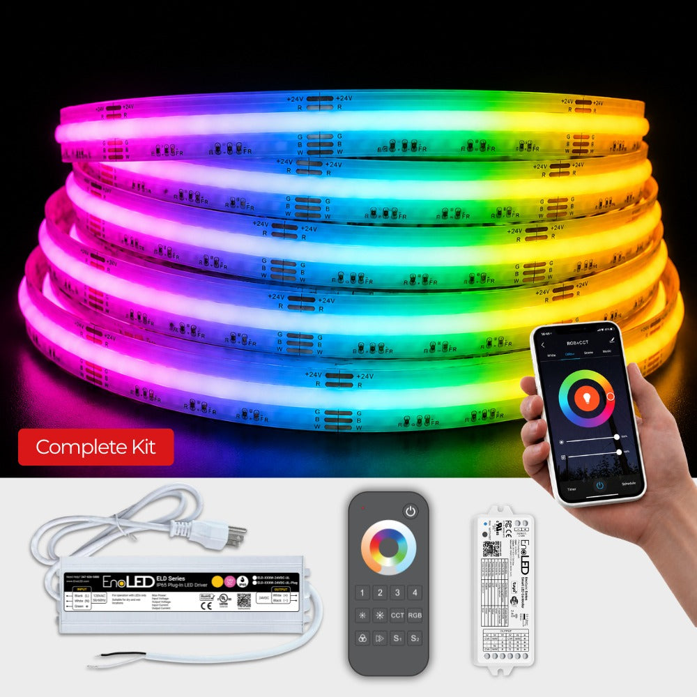 LEDClub Mars RGB+CCT COB LED strip kit with smart LED driver, WiFi controller, RF remote control, app control, and color changing dotless COB lighting