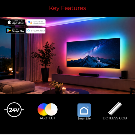 LEDClub Mars RGB+CCT COB LED strip kit with Smart Life app control, Alexa and Google Assistant compatibility, color changing dotless COB illumination, and entertainment room accent lighting