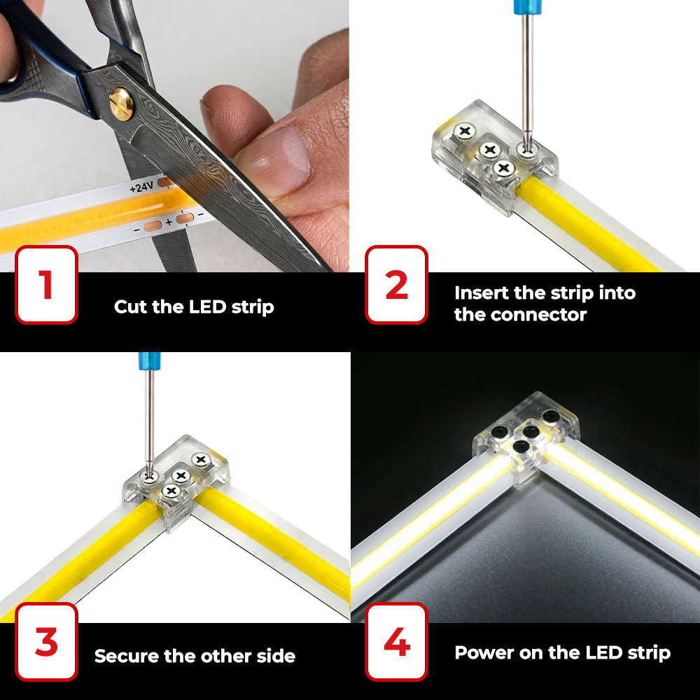 Step-by-step installation guide for LEDClub solderless 90 degree L shape LED strip connector