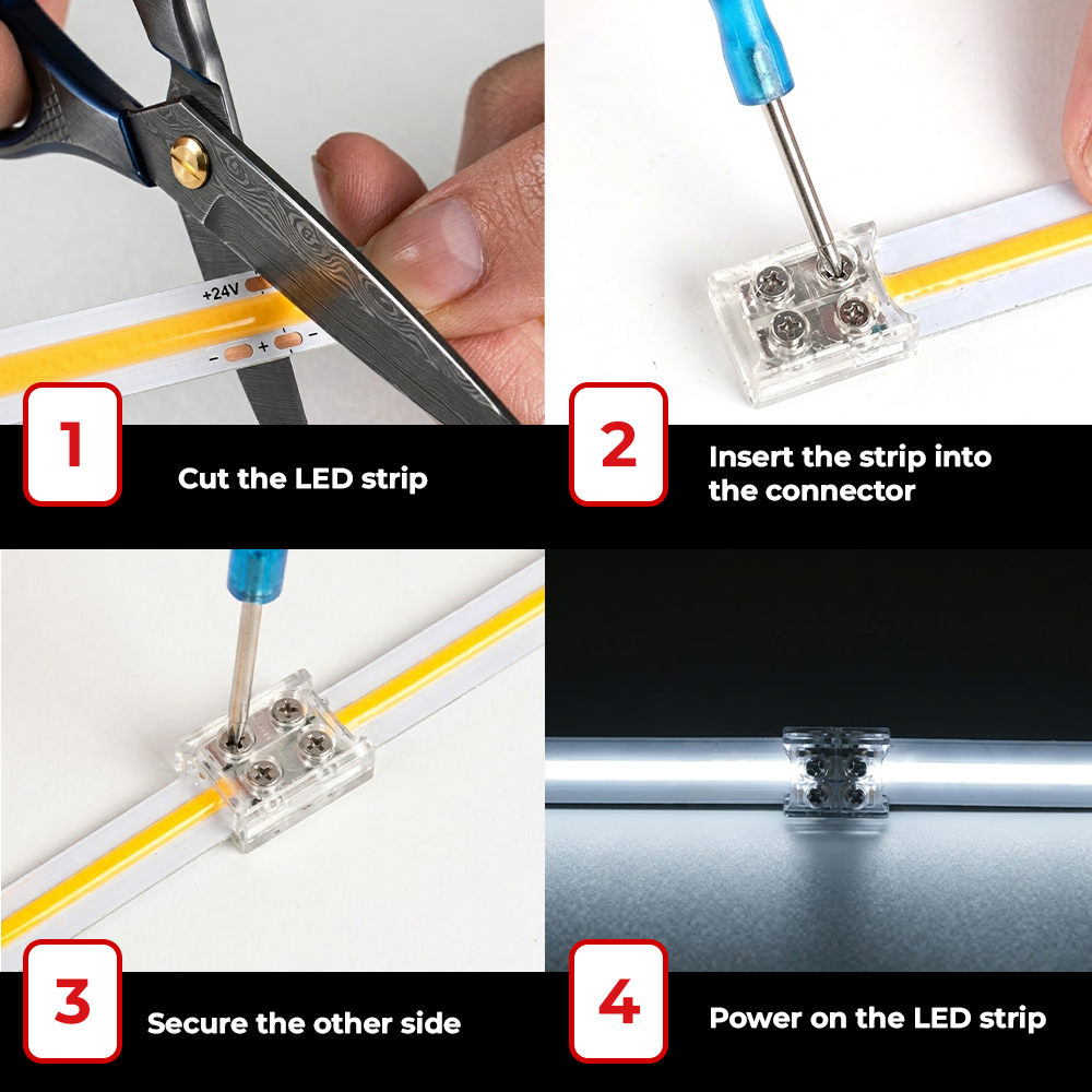 Installation guide showing how to connect LED strips using a solderless strip connector