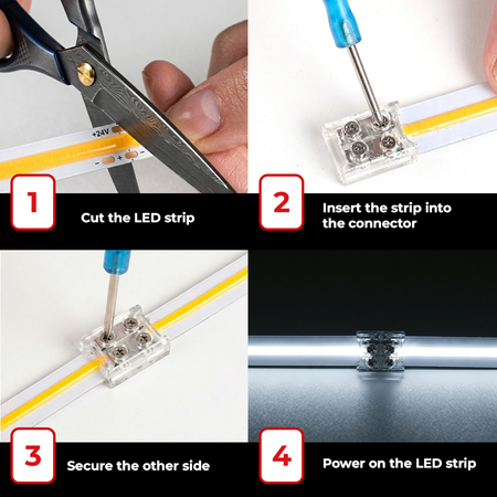 Installation guide showing how to connect LED strips using a solderless strip connector