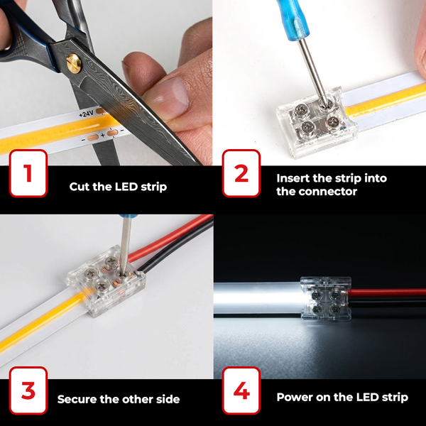 Step-by-step installation guide for LEDClub solderless LED strip wire connector adapter