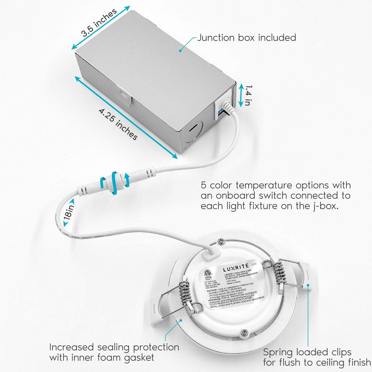 LUXRITE LED recessed light driver box and wiring components