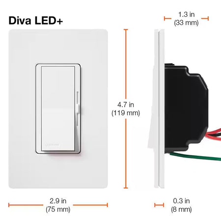 Dimensions of Lutron Diva LED+ dimmer switch for wall box installation