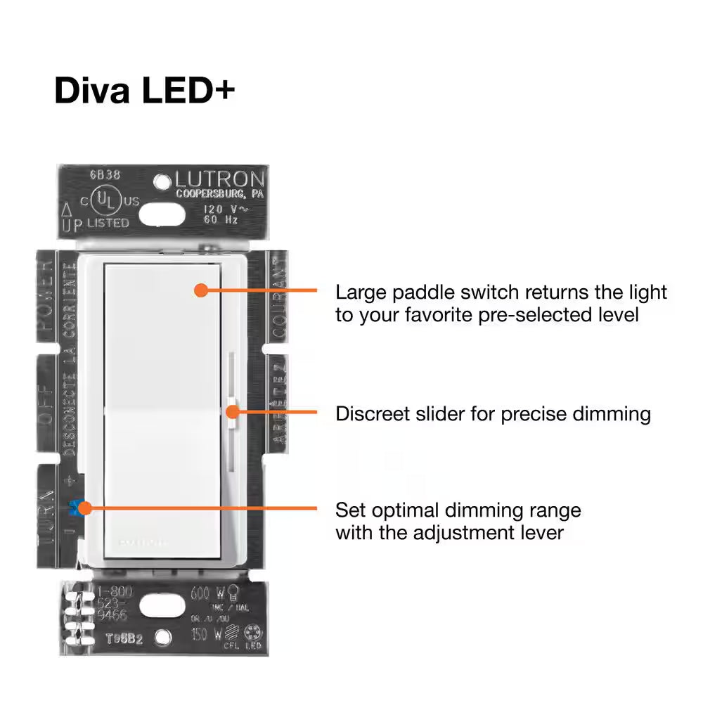 Wiring diagram for Lutron Diva LED+ dimmer switch single pole and 3-way installation