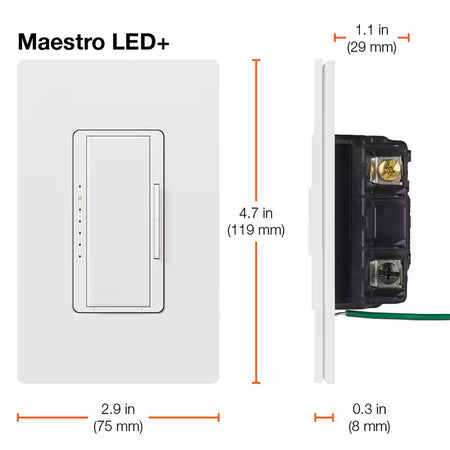 Dimensions of Lutron Maestro LED+ dimmer switch for wall box installation