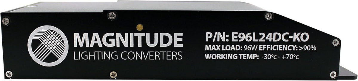 Product label for Magnitude 24V E-Series dimmable J-Box LED driver.