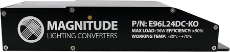 Product label for Magnitude 24V E-Series dimmable J-Box LED driver.