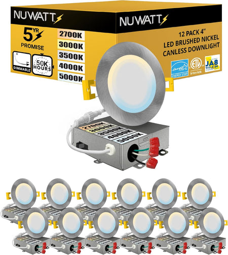 NUWATT 4 inch LED recessed lighting kit with included junction boxes and trim options