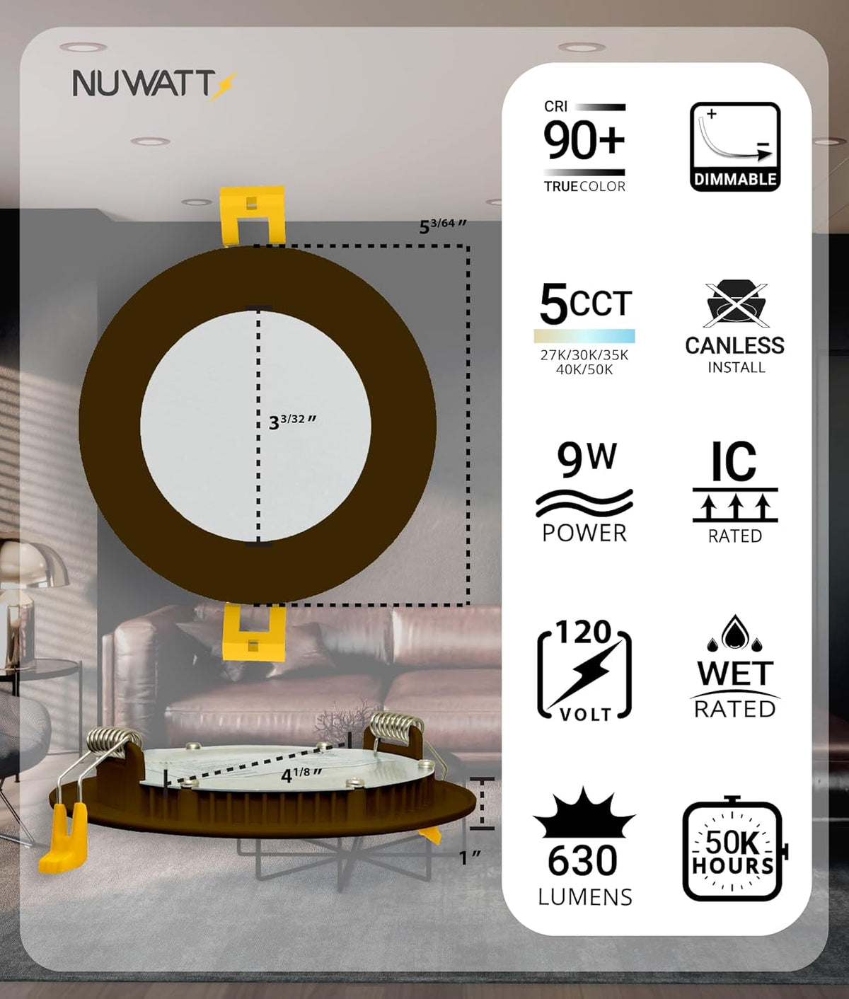 NUWATT 4 inch recessed light specifications including wattage, lumen output, and color temperature options