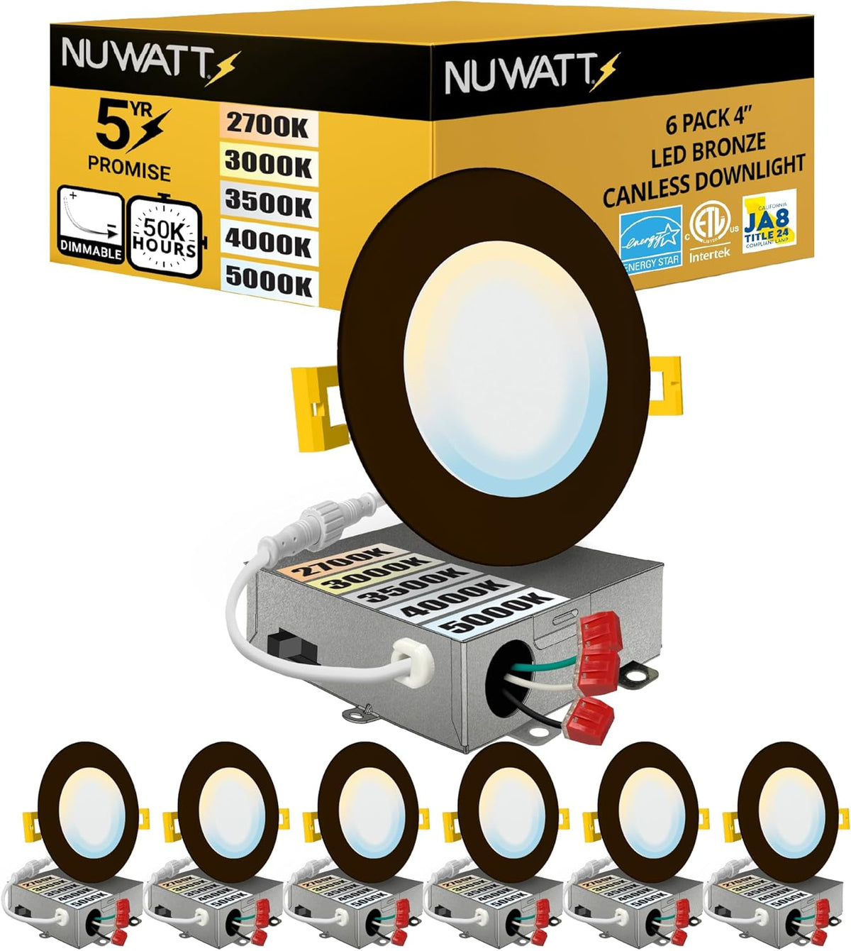 NuWatt 4-inch bronze ultra thin canless LED recessed light kit 6-pack