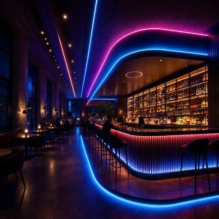 Contemporary building featuring RGB LED architectural lighting along the exterior facade.