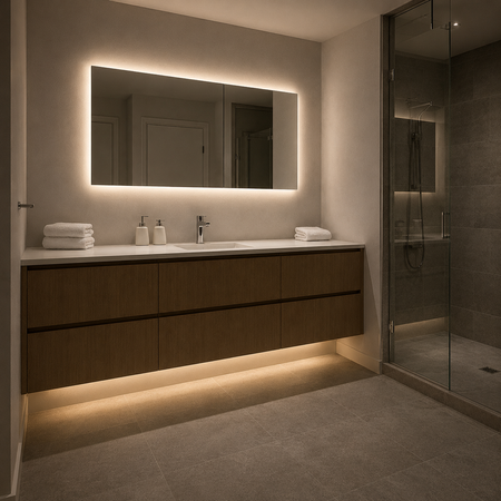 Bathroom mirror illuminated with LED strip lighting 