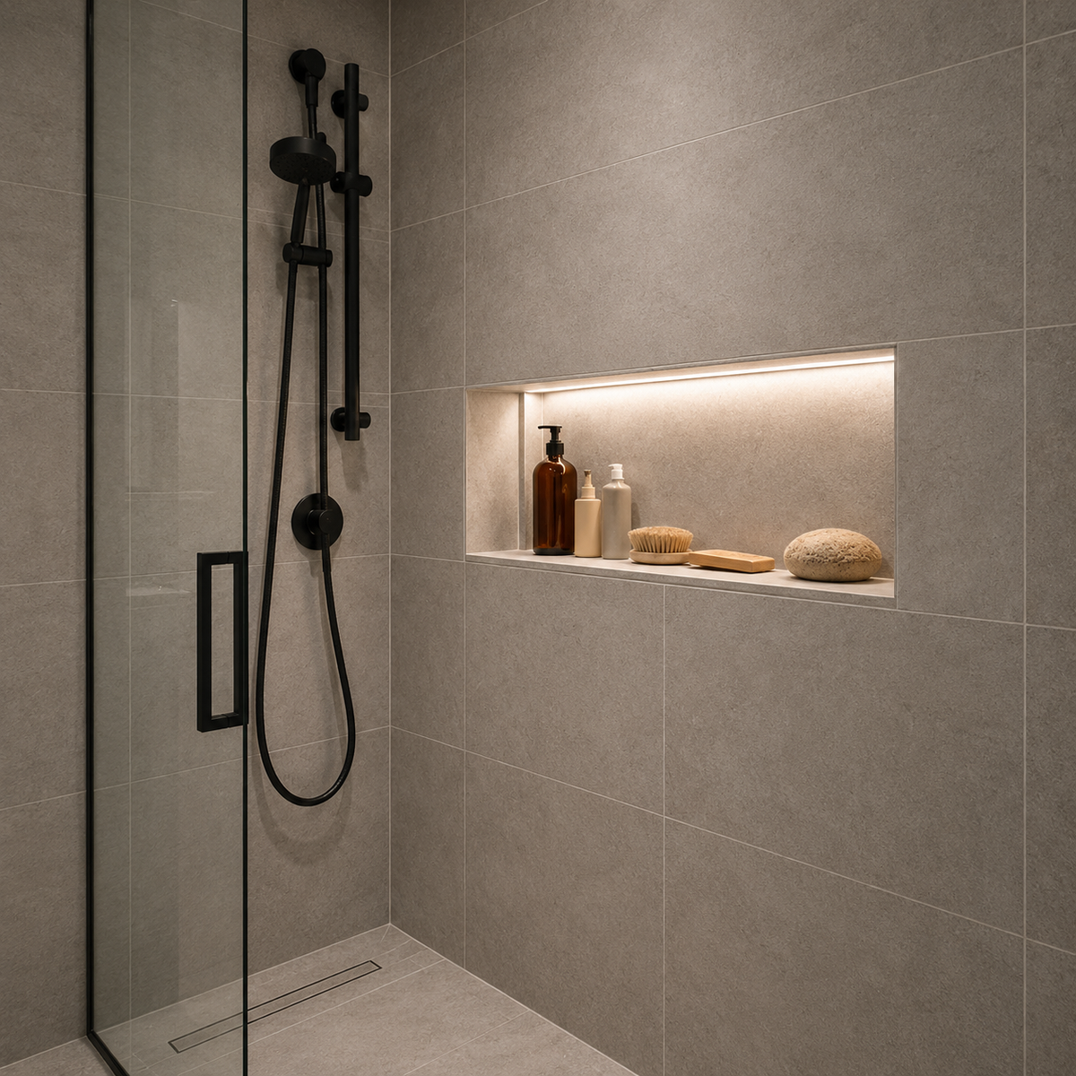 Bathroom shower niche with warm white LED accent lighting.