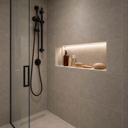 Bathroom shower niche with warm white LED accent lighting.