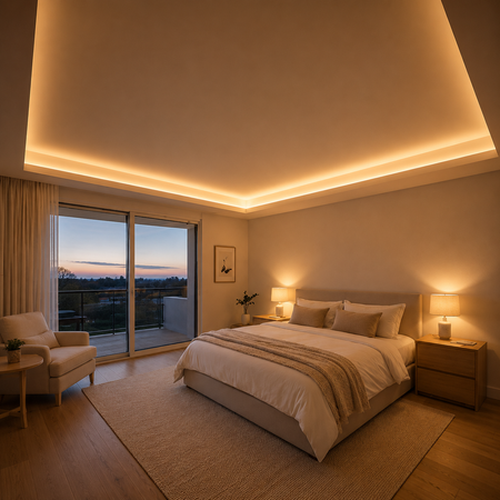 Bedroom with warm cove lighting