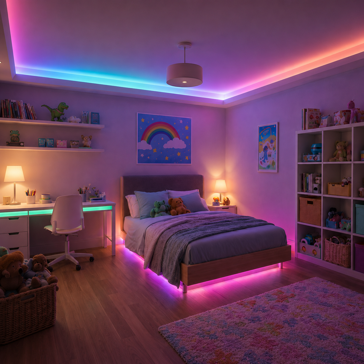 Modern bedroom with RGB LED cove lighting creating colorful ambient illumination.