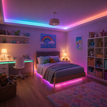 Modern bedroom with RGB LED cove lighting creating colorful ambient illumination.