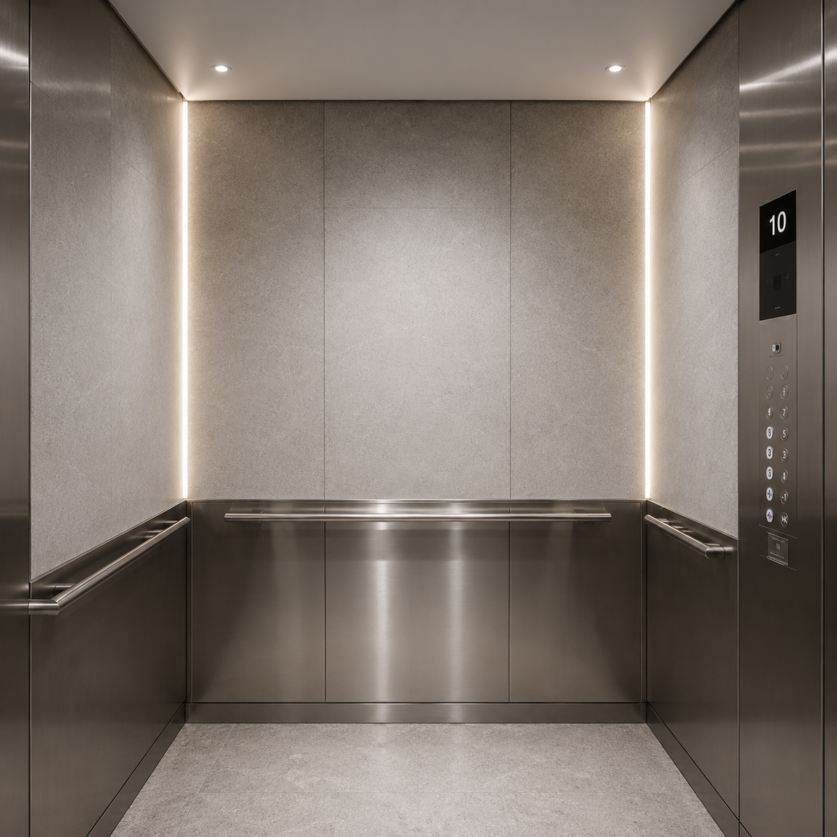 Modern elevator interior featuring recessed warm white LED cove lighting.
