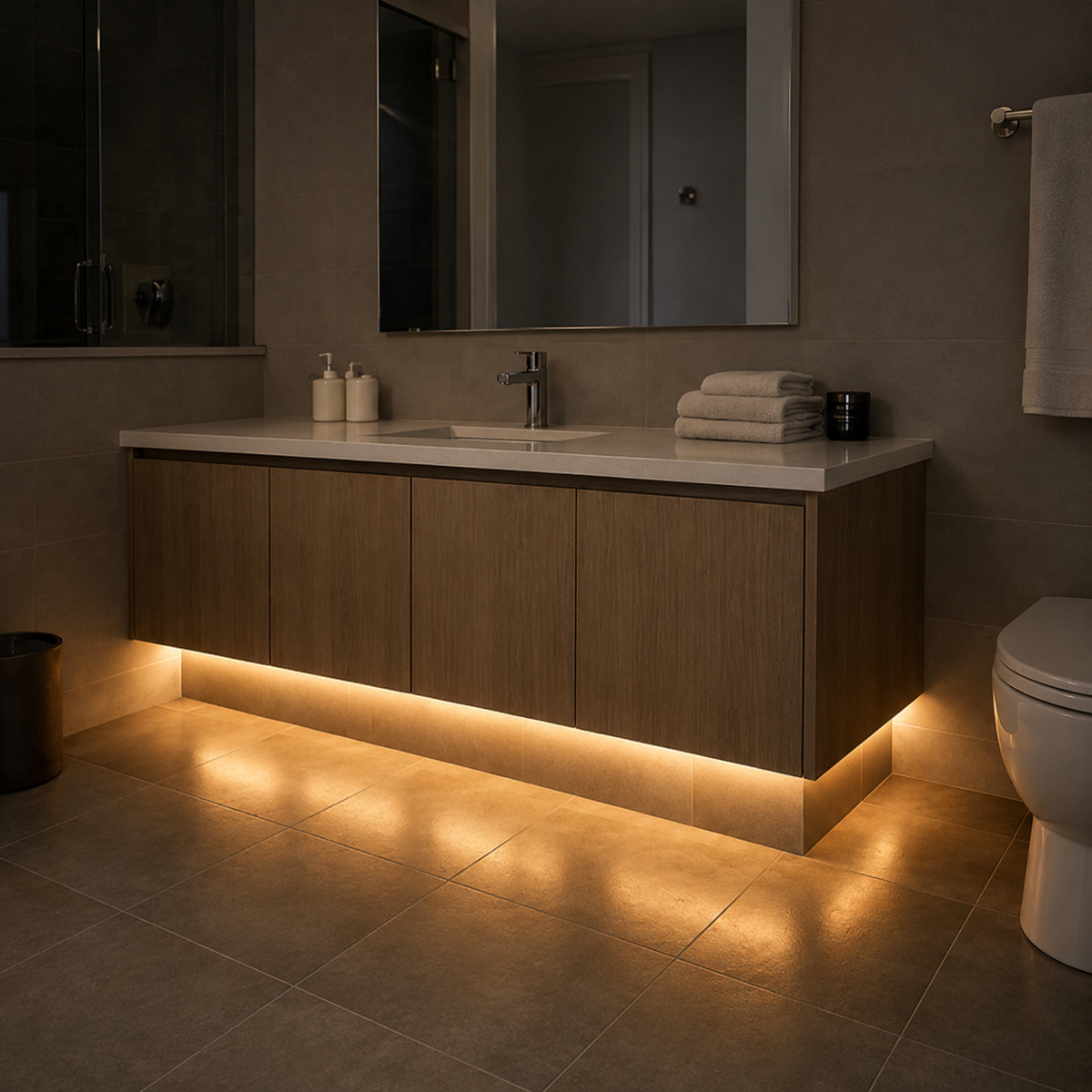 Modern floating bathroom vanity illuminated with warm white LED toe-kick lighting.