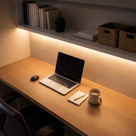 Contemporary home office workspace featuring warm white LED task lighting above the desk.