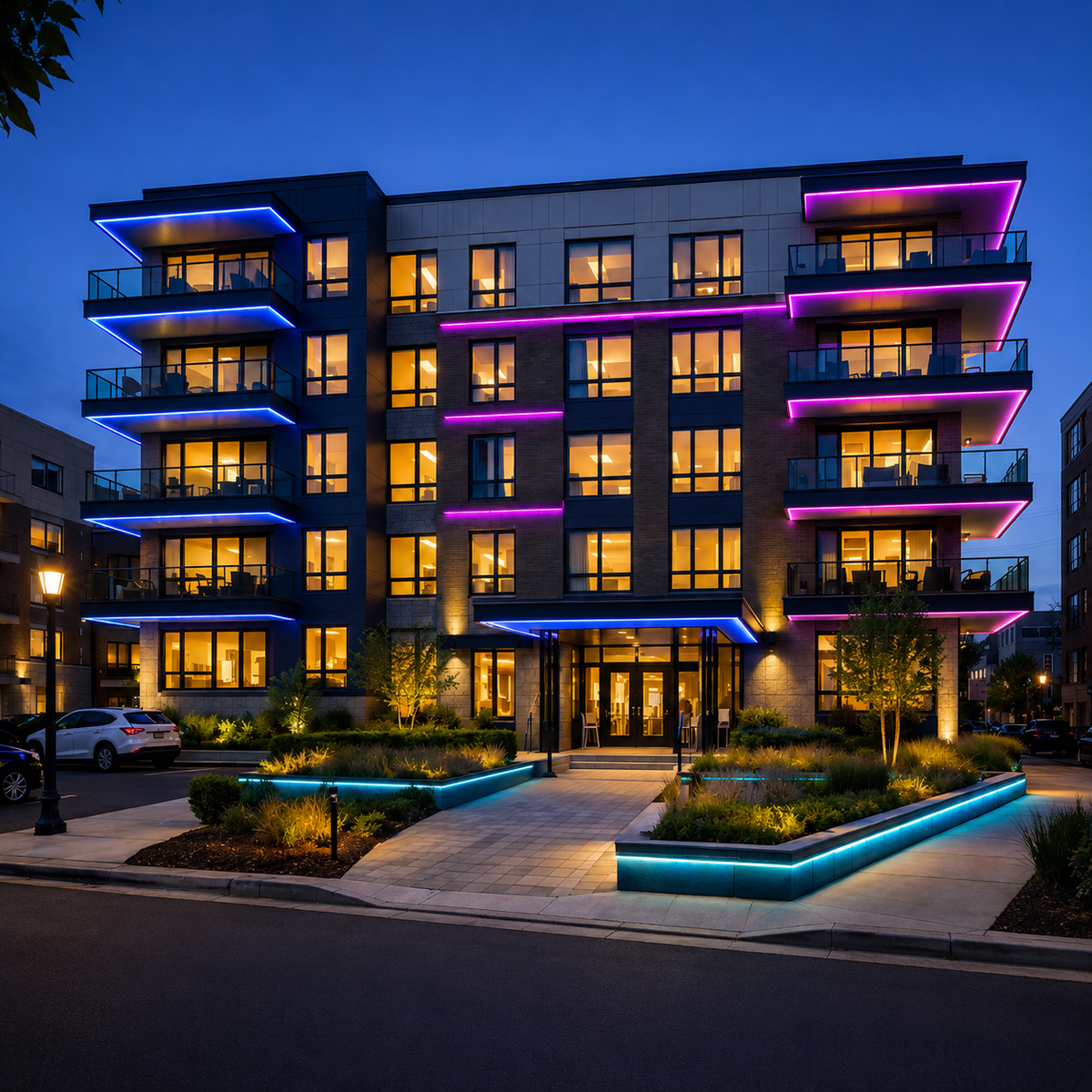 Luxury hotel exterior illuminated with architectural LED lighting during the evening.