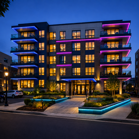 Luxury hotel exterior illuminated with architectural LED lighting during the evening.