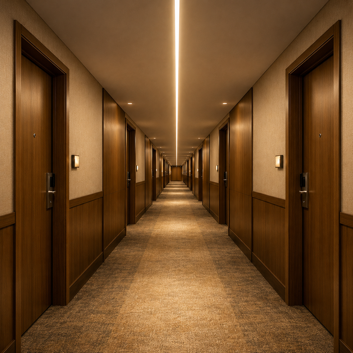 Contemporary hotel hallway illuminated with recessed warm white LED ceiling lighting.