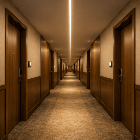 Contemporary hotel hallway illuminated with recessed warm white LED ceiling lighting.
