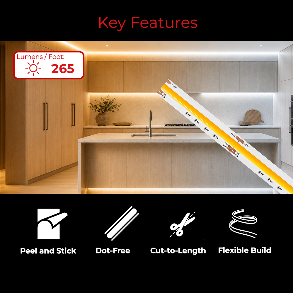Under-cabinet LED strip lights shown installed in a modern kitchen, with a diagonal view of the unrolled product and key features highlighted on a black background.