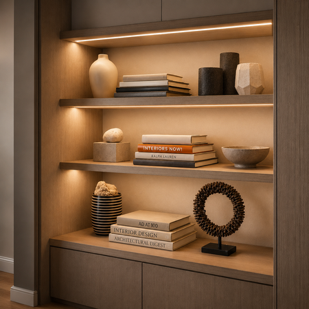 Shelving illuminated with warm LED strip lighting