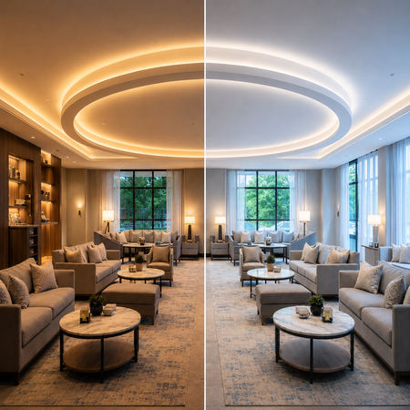 Warm white LED cove lighting in a modern living room.