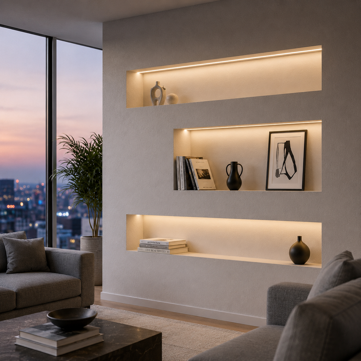 Modern living room featuring floating shelves illuminated with warm white LED accent lighting.