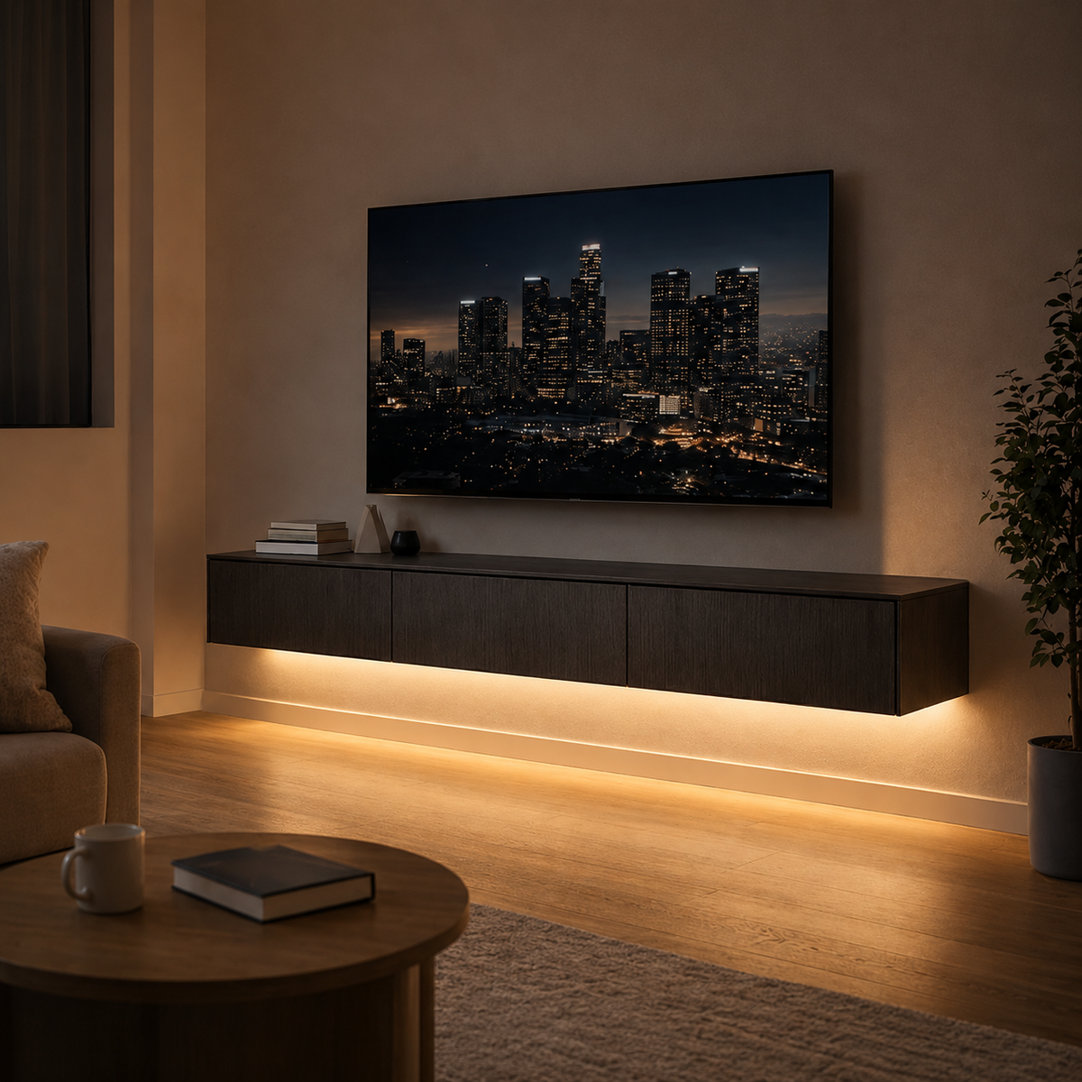 Modern living room TV wall illuminated with warm white LED accent lighting.