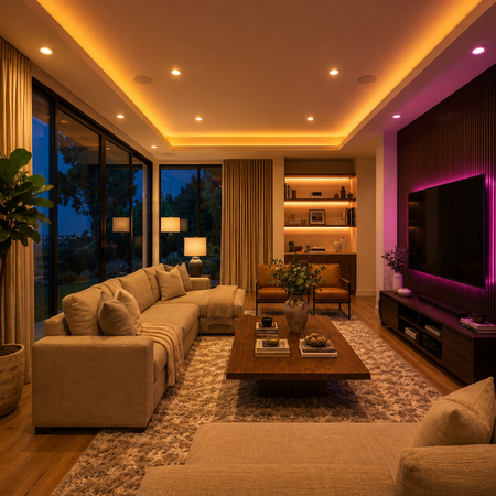 Luxury living room enhanced with RGB LED cove lighting for colorful ambient illumination.