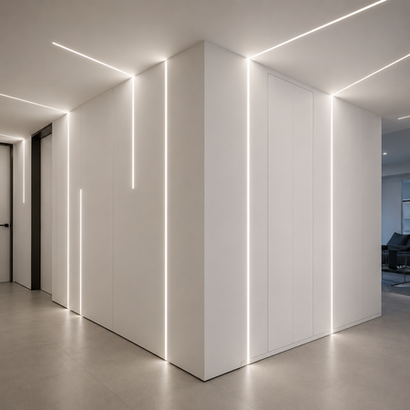 Minimalist hallway illuminated with recessed linear LED lighting along the walls and ceiling.
