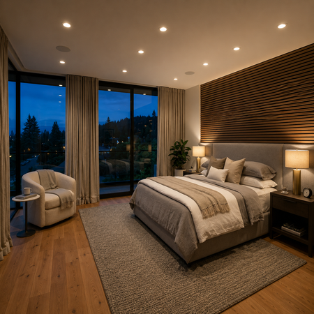 Modern bedroom featuring warm white LED cove lighting for ambient illumination.