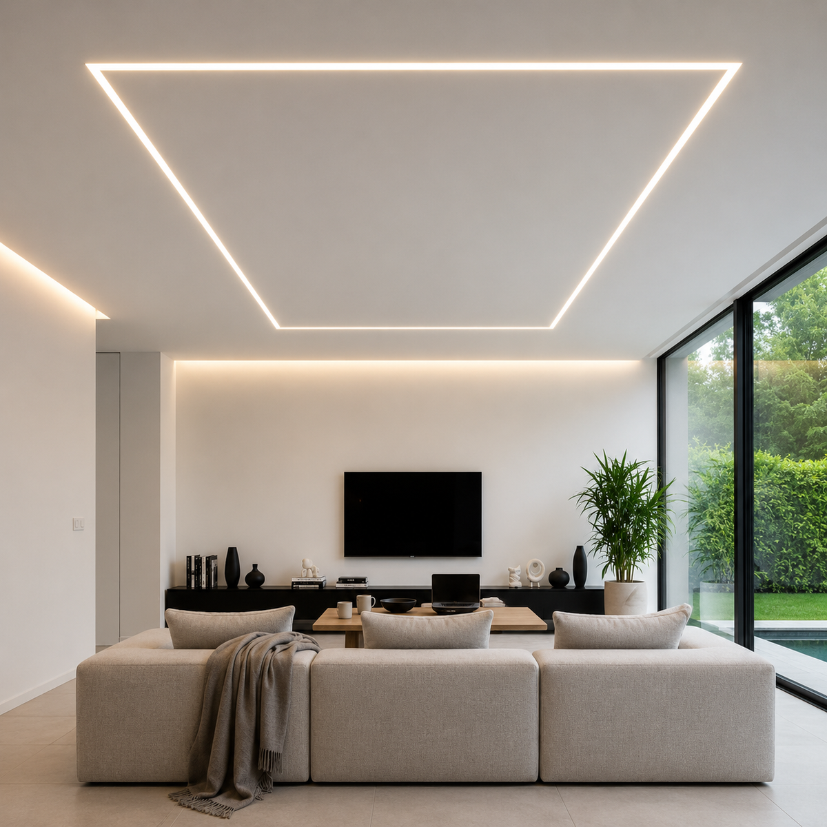 Modern bedroom featuring recessed linear LED ceiling lighting for warm ambient illumination.