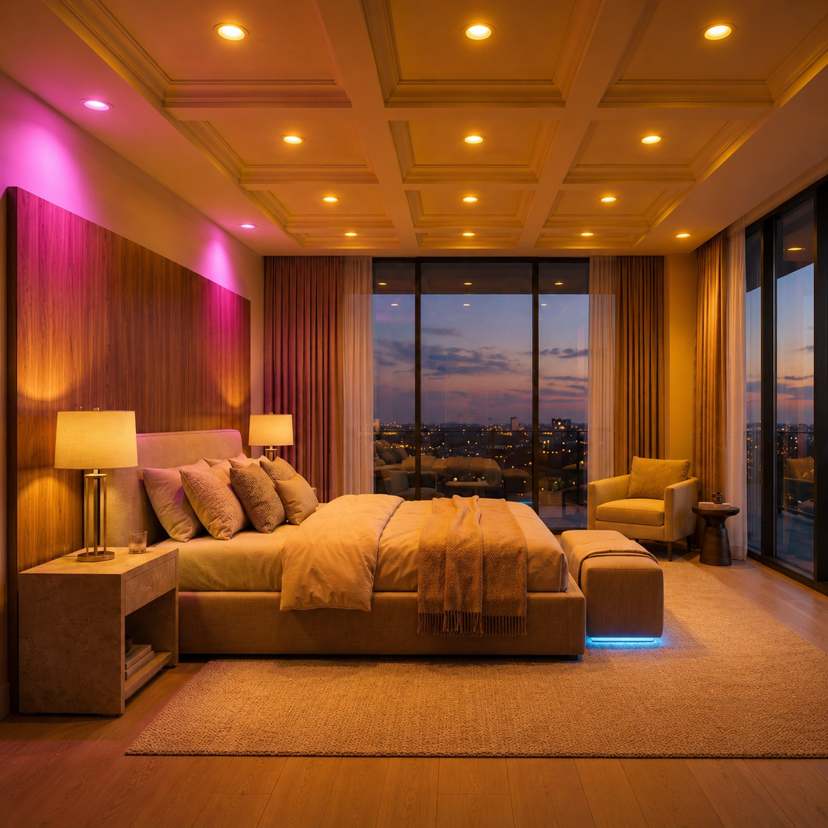 Modern bedroom featuring RGB LED cove lighting with customizable ambient illumination.