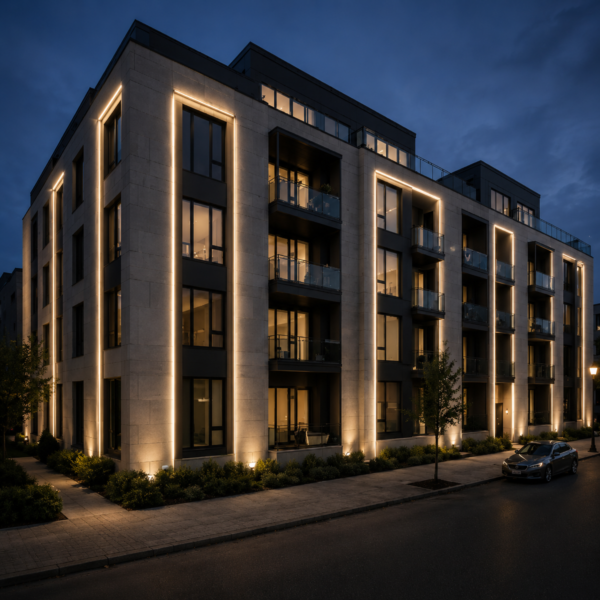 Modern building exterior illuminated with warm white LED architectural lighting.